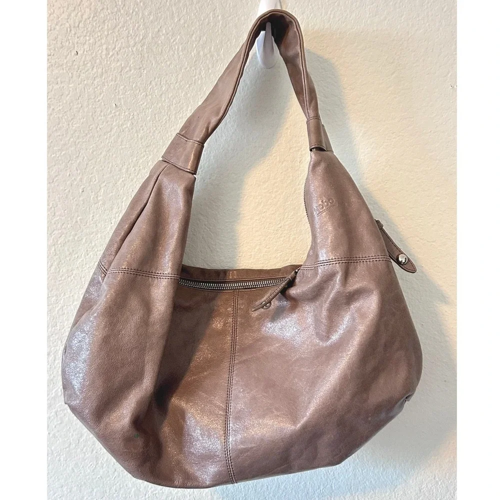 Hobo International Metallic Taupe Leather Slouchy Shoulder Bag Bohemian Purse